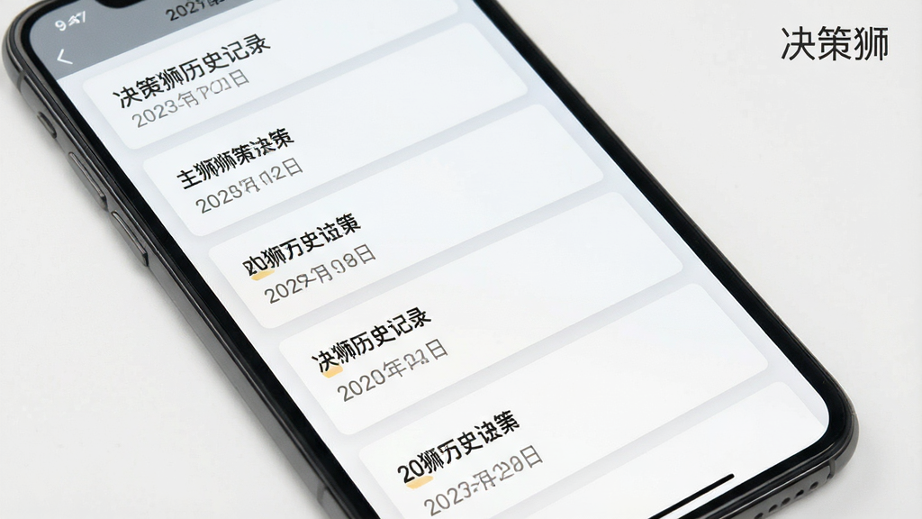 一张决策狮历史记录页面的手机截图风格图,画面主体是手机屏幕,显示着按时间排序的决策卡片列表,每个卡片上有标题和日期,布局为垂直列表,风格清爽素雅,细节包括屏幕右上角的“决策狮”文字,画质高清,干净,无多余元素