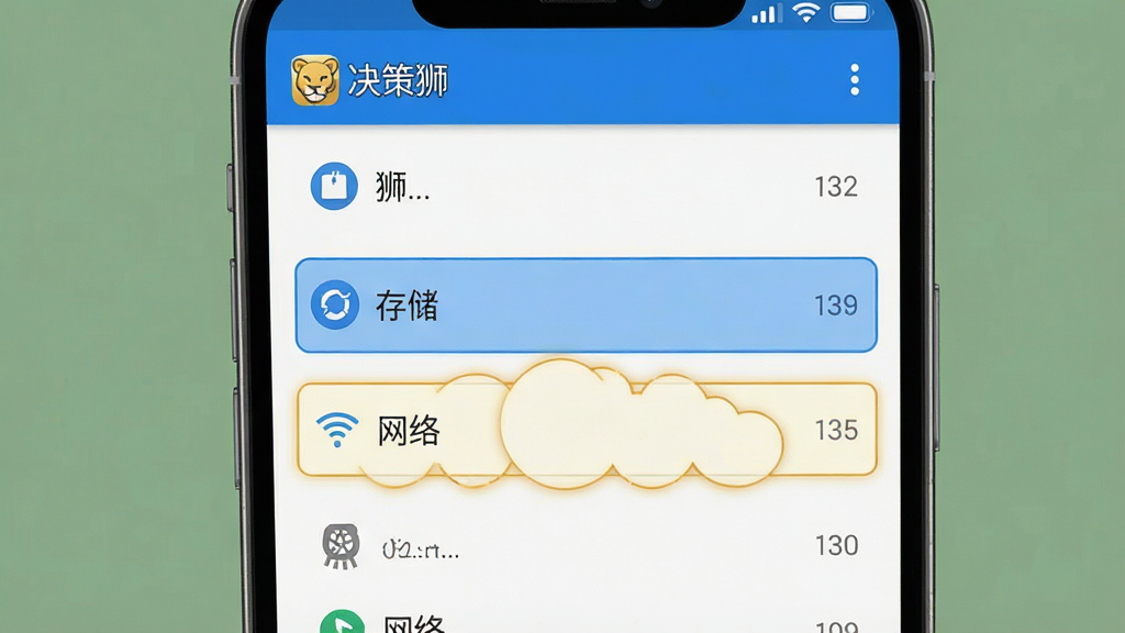 一张展示决策狮应用权限设置界面的示意图,画面主体是手机屏幕,显示着权限管理列表,其中“存储”和“网络”权限被高亮标注,布局为手机界面特写,风格清晰直观,细节包括顶部的“决策狮”应用名称,画质高清,干净,无多余元素