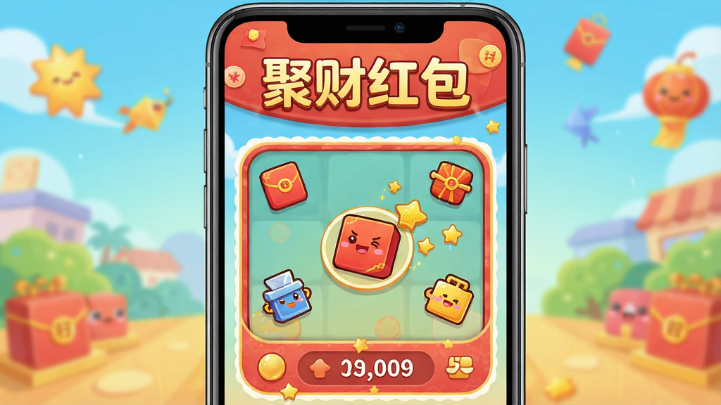 手机屏幕展示“聚财红包”内的小游戏界面,画面中有一个简单有趣的点击类游戏,屏幕上方显示“聚财红包”字样,下方有游戏区域和得分显示,背景色彩明快,风格卡通休闲,细节包括游戏道具和分数动画,画质高清,干净,无多余元素
