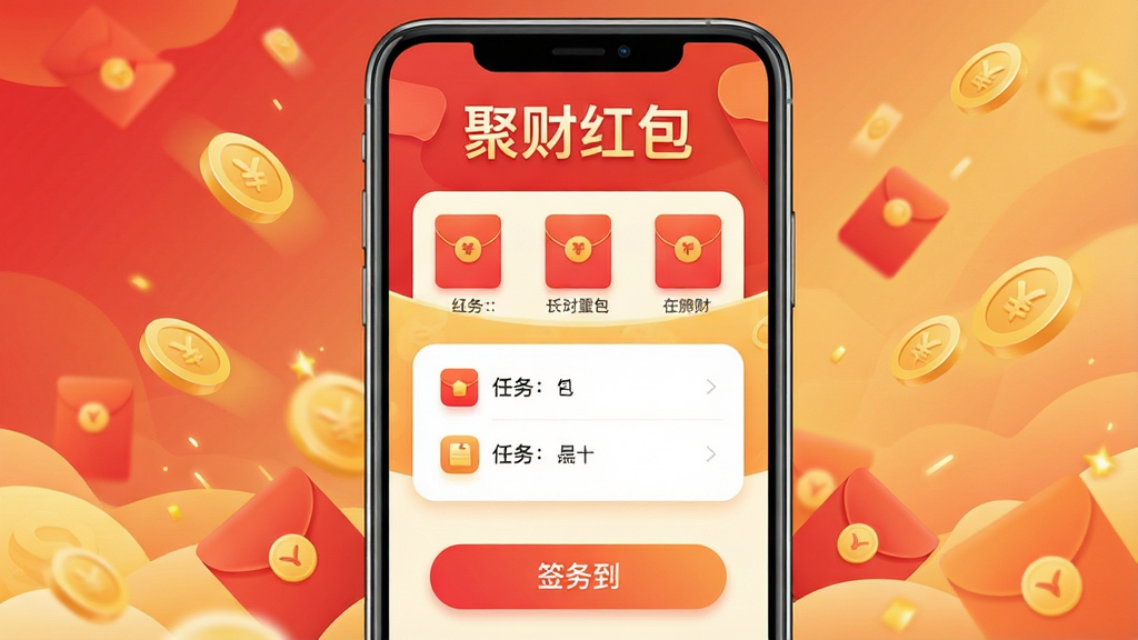 整体画面以手机屏幕为主体,屏幕中央展示一款名为“聚财红包”的APP界面,界面顶部有醒目的“聚财红包”文字标题,下方排列着红包图标、任务列表和签到按钮,背景采用喜庆的红色与金色渐变,周围点缀金币与红包元素,布局简洁清晰,风格为扁平化UI设计,细节包括圆角图标、柔和阴影和渐变按钮,画质高清,干净,无多余元素