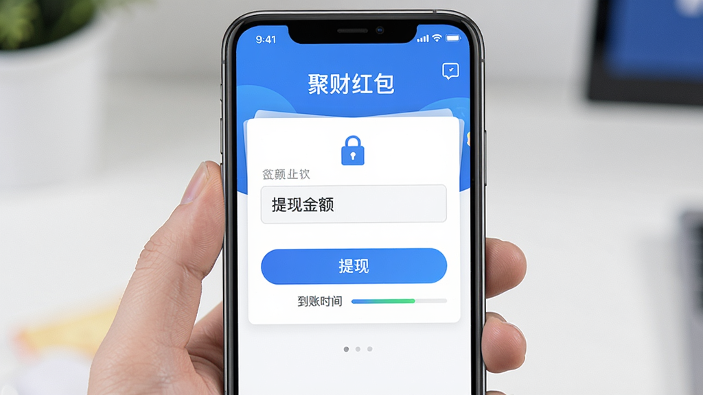手机屏幕展示“聚财红包”的提现页面,页面中有提现金额输入框、提现按钮和到账时间说明,背景是清爽的蓝色与白色搭配,顶部有“聚财红包”文字,风格金融类APP界面,细节包括安全锁图标和进度条,画质高清,干净,无多余元素