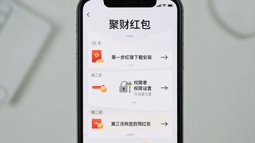 手机屏幕展示“聚财红包”的使用教程界面,画面中有分步骤的操作指引,第一步显示下载安装,第二步显示权限设置,第三步显示签到领红包,背景是简洁的白色与浅灰色,顶部有“聚财红包”文字,风格教程类APP界面,细节包括步骤编号和箭头指示,画质高清,干净,无多余元素