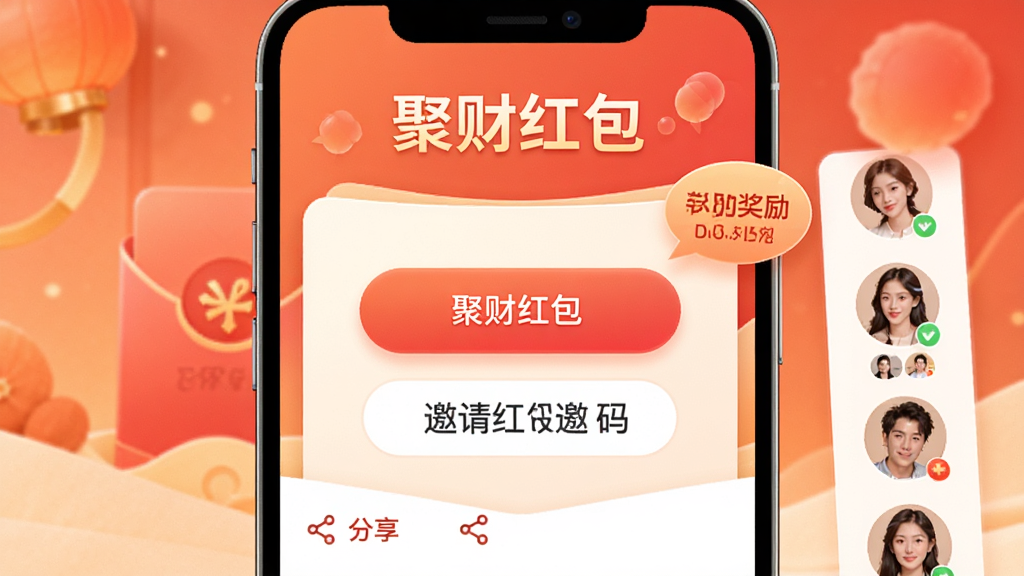 手机屏幕显示“聚财红包”的邀请好友页面,页面中央有邀请按钮和邀请码,旁边有好友头像列表,背景是温馨的橙红色调,顶部有“聚财红包”文字,风格社交化设计,细节包括分享图标和奖励提示气泡,画质高清,干净,无多余元素