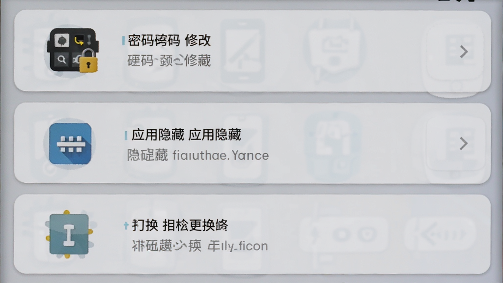 一部安卓手机屏幕显示应用隐藏计算器icon的设置界面,界面中有密码修改、应用隐藏、图标更换等功能选项,布局为上下排列的卡片式设计,风格为简洁商务风,细节包括每个功能卡片旁的图标和清晰的层级关系,画质为高清2K,干净无多余元素,画面中不出现任何文字