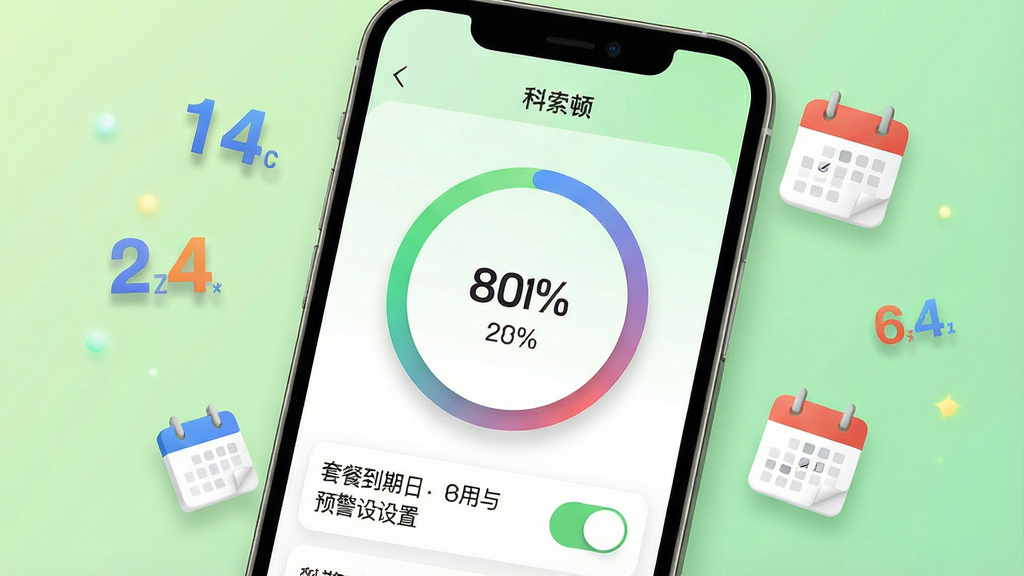 手机屏幕展示科索顿App的流量监控页面,页面中央是一个环形流量进度图,显示已用和剩余流量比例,下方有套餐到期日与预警设置开关,手机周围漂浮着数字流量符号与日历图标,背景为浅绿色渐变,风格清新明快,细节包括“科索顿”应用名称、环形图上的百分比数字、柔和的投影效果,画质清晰干净,无多余元素