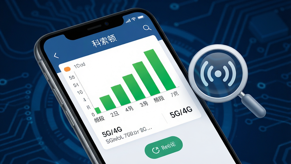 一部手机显示科索顿App的信号检测界面,界面中有信号强度柱状图、网络制式标识“5G/4G”、频段信息,手机右侧悬浮一个放大镜图标与信号波纹,背景为深蓝色科技风格,细节包括“科索顿”文字、绿色信号格、数据刷新按钮,画质清晰锐利,无多余元素