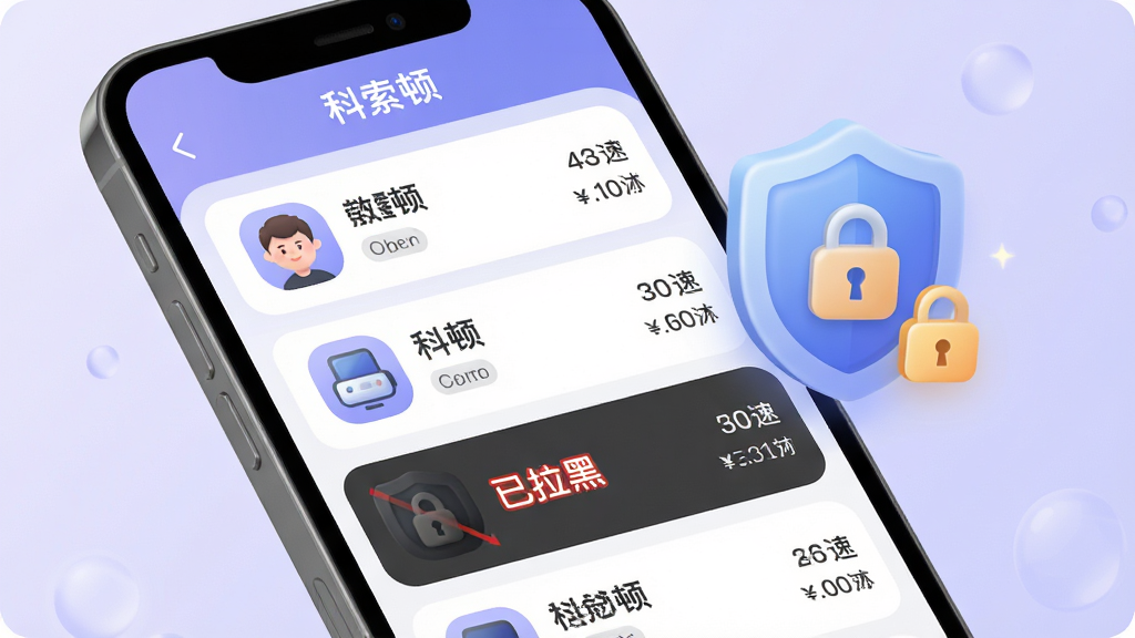 手机屏幕展示科索顿App的终端管理列表,列表中显示多台设备的图标与名称,其中一台设备被标注为“已拉黑”,手机旁边漂浮着盾牌图标与锁形符号,背景为浅紫色渐变,风格柔和圆润,细节包括“科索顿”应用标题、设备头像、网速数值,画质干净清晰,无多余装饰