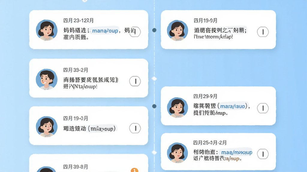 妈妈up(Mamaup)应用内成长时间轴界面截图风格,画面中展示多条成长记录卡片沿纵向排列,每张卡片包含日期、文字描述和圆形头像图标,背景为淡蓝色渐变,界面排版清晰有序,扁平化设计,高清画质,干净无杂乱