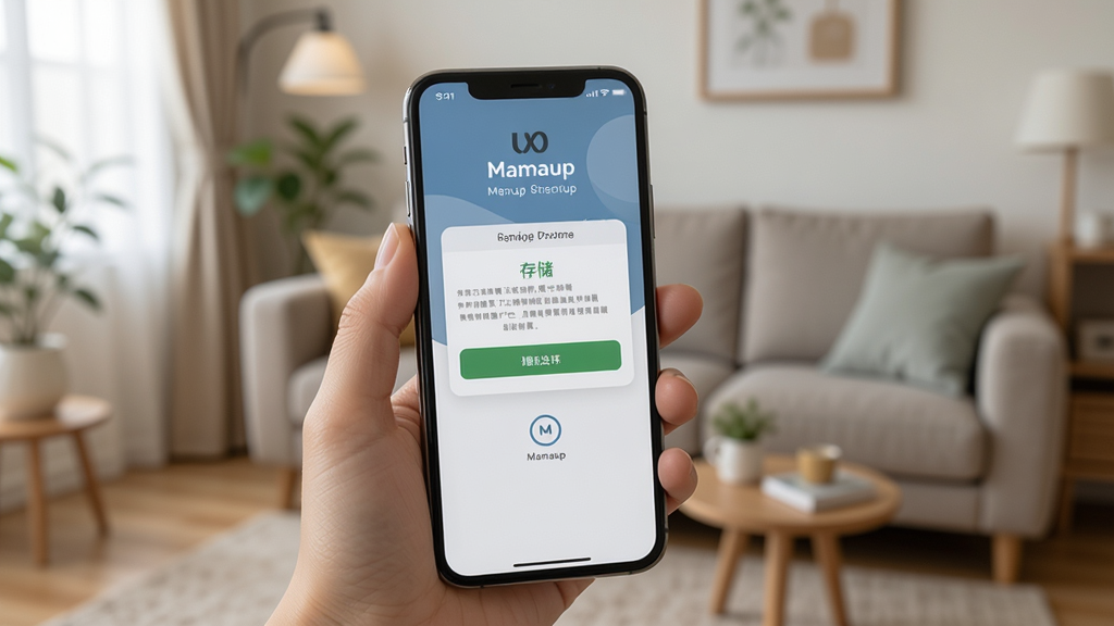 妈妈up(Mamaup)手机端操作引导页,画面展示一只手握住手机,屏幕上显示权限设置和存储选择界面,背景为模糊的居家环境,整体风格写实,高清画质,无杂乱元素