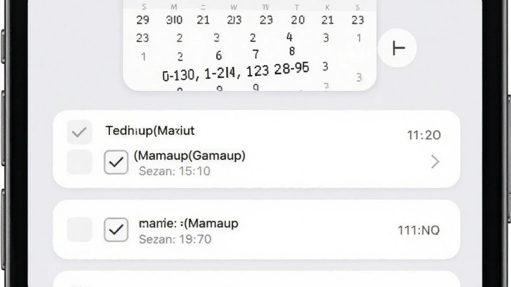 妈妈up(Mamaup)任务提醒界面,画面展示手机屏幕内有多条待办事项列表,每条带有勾选框和时间标注,顶部有日历小部件,整体风格清爽简约,浅灰色背景配白色卡片,高清画质,干净整洁