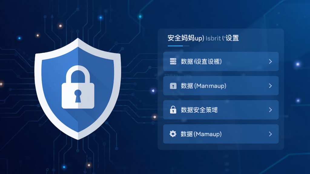 妈妈up(Mamaup)数据安全设置界面,画面中展示盾牌图标与加密锁元素,背景为深蓝色科技感渐变,界面中央有安全设置选项列表,扁平化设计风格,高清画质,无多余元素