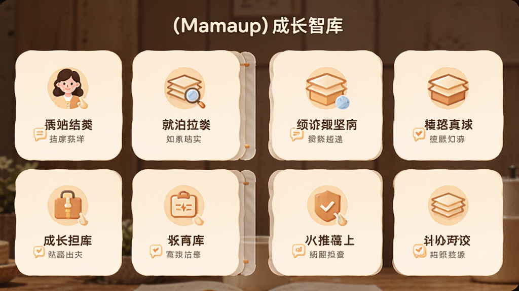 妈妈up(Mamaup)成长智库界面展示,画面中呈现多个知识分类卡片以网格状排列,每个卡片带有图标和标题文字,整体色调为温暖的米黄色与浅橙色搭配,排版整齐,圆角卡片设计,高清画质,无多余装饰元素