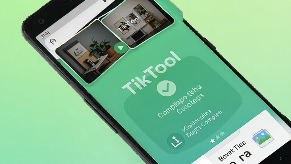主体为一部安卓手机,屏幕显示 TikTool 无水印下载完成提示,屏幕上有视频缩略图与保存路径文字;布局为手机斜放展示,背景为浅绿色渐变;风格为清新扁平化设计;细节包括无水印字样、下载完成对勾图标、相册图标;画质高清、干净、无多余元素
