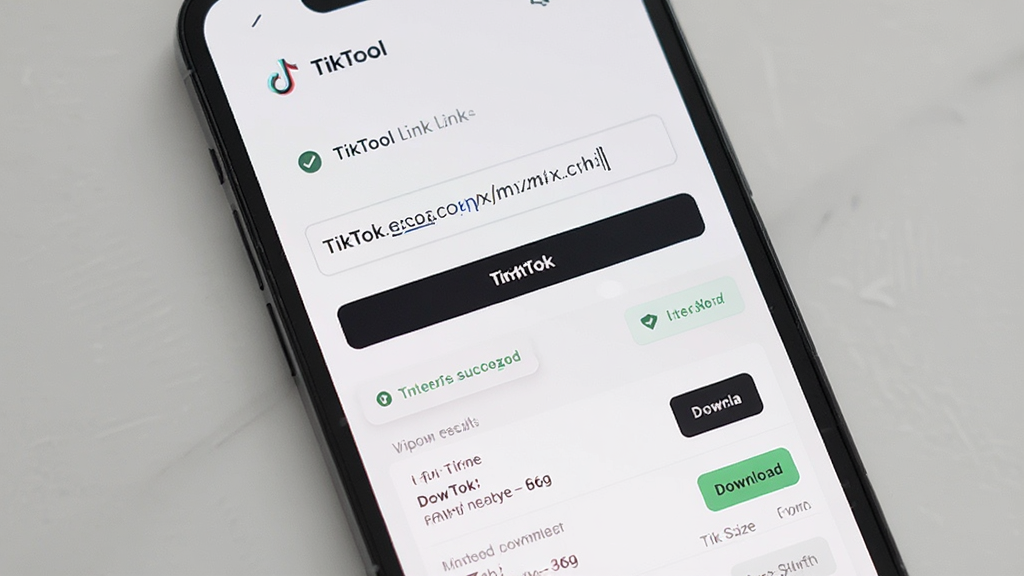 主体为手机屏幕显示 TikTool 链接解析界面,屏幕中央有一个输入框,输入框内粘贴了一条 TikTok 链接,下方有解析按钮和解析结果列表;布局为手机竖屏居中,背景为白色与浅灰色搭配;风格为简约现代 UI;细节包括解析成功提示、下载按钮、文件大小显示;画质高清、干净、无多余元素