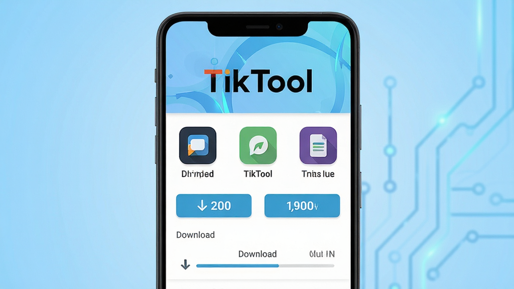 主体为一部安卓手机屏幕,屏幕中央显示 TikTool 软件主界面,界面顶部有 TikTool 文字标识,下方排列多个功能图标与下载按钮;布局为手机正面居中展示,背景为浅蓝色渐变;风格为科技感扁平化 UI 设计;细节包括清晰的图标、按钮文字、下载进度条;画质高清、干净、无多余元素