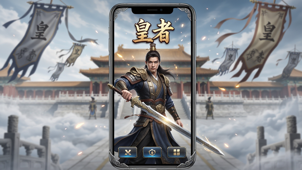 画面中央是一部竖屏手机,屏幕上显示“皇者”游戏主界面,背景为古代宫殿与云海,主体是手持长剑的国风角色,布局采用居中构图,上方为游戏标题“皇者”,下方为功能按钮排列,风格为写实国风加轻度奇幻,细节包括金属质感边框、飘动的旗帜与光效粒子,画质为高清,干净,无多余元素