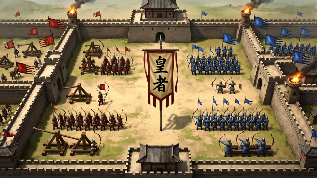 画面为古代战场俯视图,主体是两军对垒的城池与士兵方阵,布局采用左右对称构图,左侧为红色旗帜阵营,右侧为蓝色旗帜阵营,中央有“皇者”字样战旗,风格为史诗战争插画,细节包括投石车、弓箭手、城墙与烽火,画质为高清,干净,无多余元素