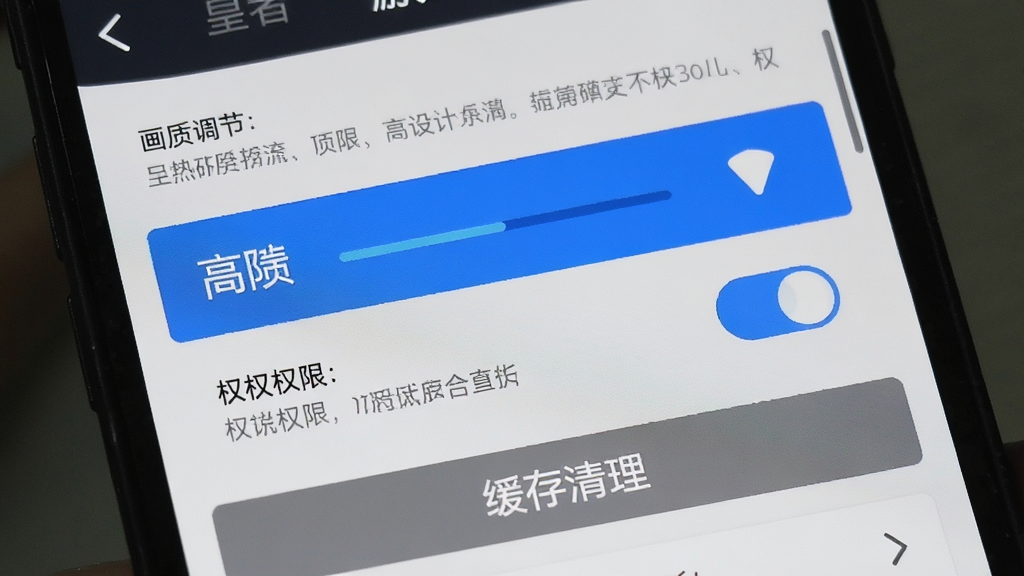 画面为手机屏幕特写,主体是“皇者”游戏设置界面,布局采用纵向列表构图,显示画质调节、权限开关与缓存清理按钮,风格为扁平化UI设计,细节包括蓝色高亮选项与灰色说明文字,画质为高清,干净,无多余元素