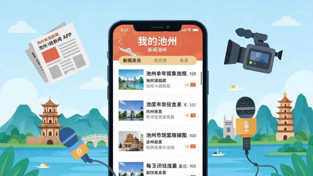 一幅以“我的池州”APP新闻资讯页面为主题的插画,画面主体为一部手机,手机屏幕展示着池州本地新闻列表,旁边漂浮着报纸、摄像机、麦克风等新闻元素图标。背景是池州标志性建筑和山水轮廓,风格为现代扁平化插画,色彩明快,画质干净清晰,无多余装饰元素。