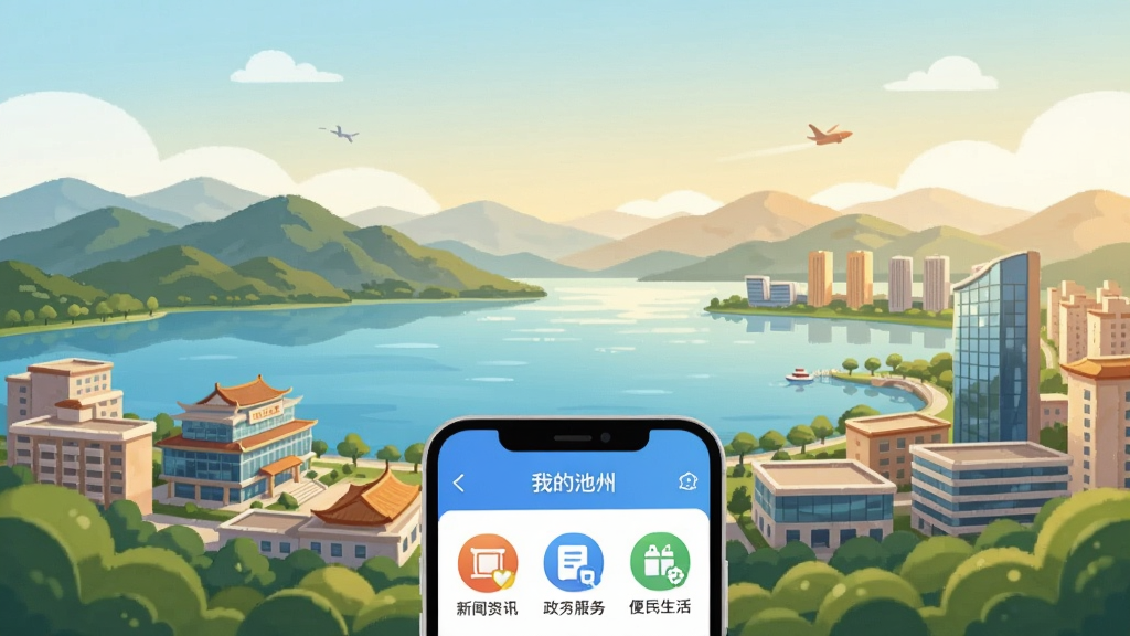 一幅展示池州城市风貌的图片,画面中央是平天湖与远处连绵的山峦,湖边有现代化的城市建筑群,天空晴朗,色调温暖明亮。画面下方放置一部智能手机,手机屏幕显示“我的池州”APP界面,界面中包含新闻资讯、政务服务和便民生活等图标。整体风格为扁平化插画,细节清晰,画质干净,无多余元素。