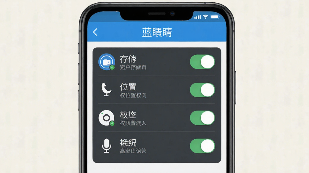 一张手机应用权限设置界面的示意图,画面中手机屏幕显示蓝睛的权限管理页面,包含存储、位置、相机、麦克风等权限开关。布局为手机正面特写,背景为浅色。风格为简洁教程类配图,细节包括权限图标、开关按钮、文字说明。画质清晰,干净,无多余元素。