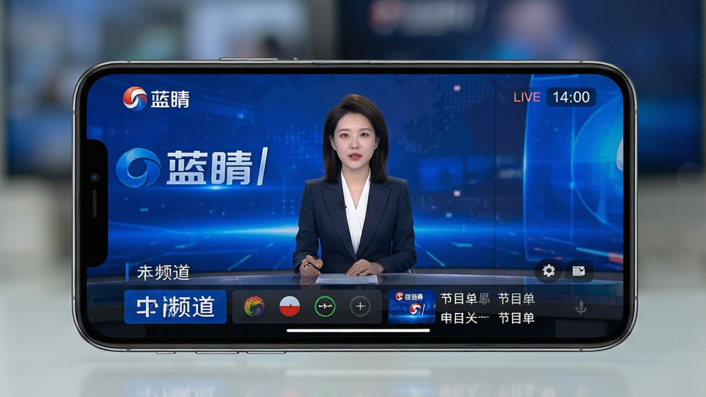 一张手机横屏播放直播画面的场景图,画面中手机横置,屏幕里正在播放蓝睛的电视直播界面,下方有频道切换栏和节目单。布局为手机特写,背景虚化。风格为现代数码产品展示,细节包括直播画面中的新闻主播、台标、时间水印。画质清晰,干净,无多余元素。