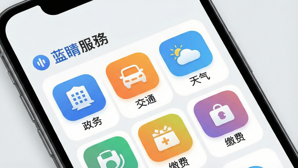 一张展示手机应用内民生服务功能的界面图,画面中手机屏幕显示蓝睛的服务板块,包含多个彩色功能图标,如政务、交通、天气、缴费等。布局采用平铺展示,背景为浅灰色。风格为清新UI设计展示,细节包括图标设计、文字标签、圆角卡片。画质清晰,干净,无多余元素。