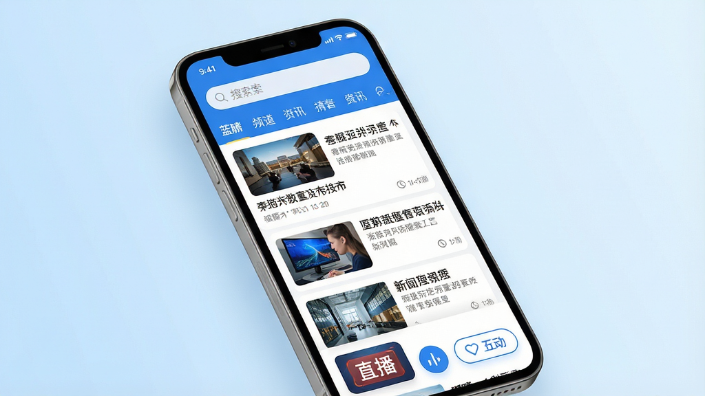 一张手机屏幕展示新闻资讯类应用的界面,画面主体是一部现代智能手机,屏幕中显示蓝睛应用首页,顶部有搜索栏和频道导航,中间是图文并茂的新闻卡片列表,底部有直播入口和互动按钮。布局采用居中构图,手机略微倾斜,背景是干净的浅蓝色渐变。风格为现代科技感UI展示,细节包括新闻缩略图、标题文字、时间戳和图标。画质清晰,干净,无多余元素。
