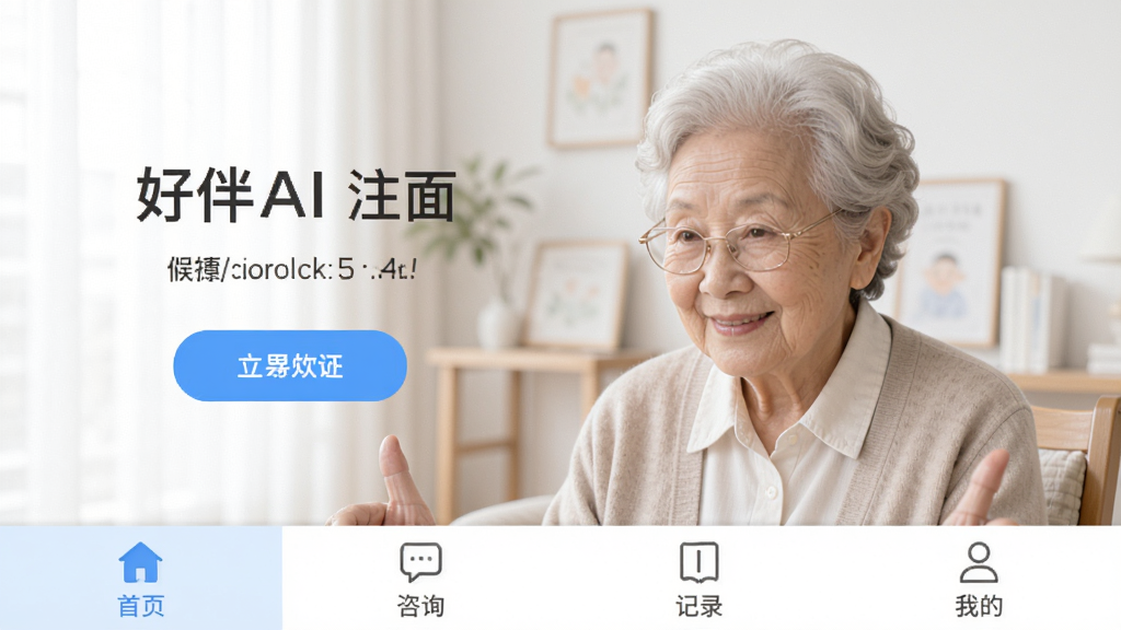好伴AI主界面截图风格展示,底部导航栏清晰标注首页、咨询、记录、我的等入口,界面字体大小适中,按钮位置合理,适合中老年用户操作,画面干净整洁