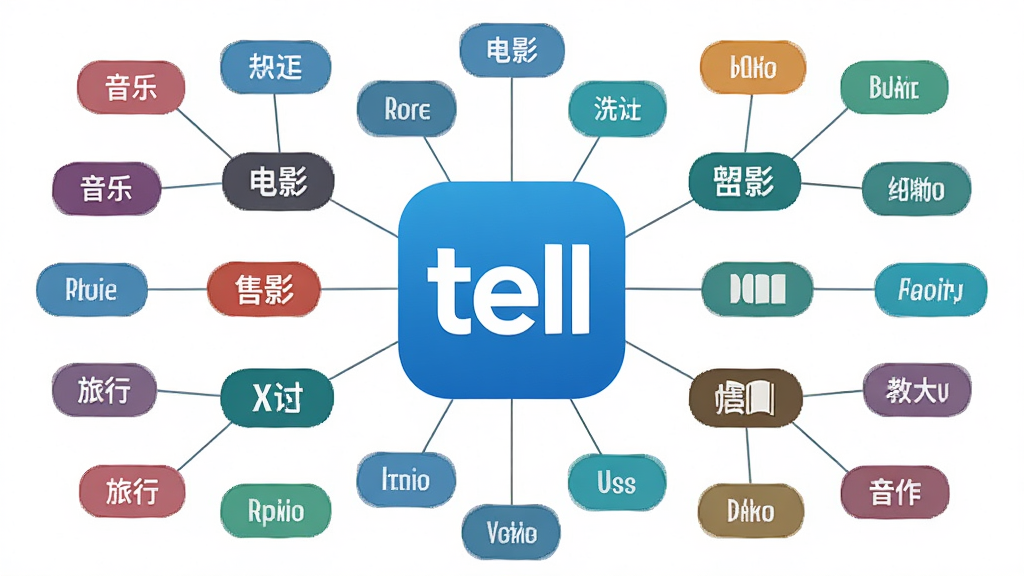 一张信息图表风格的插画,画面中央是“tell”应用logo,周围环绕着各种兴趣标签如音乐、电影、旅行、读书等,标签之间用细线连接形成网络状,背景为白色,风格扁平化设计,布局对称,细节清晰,画质干净,无多余元素