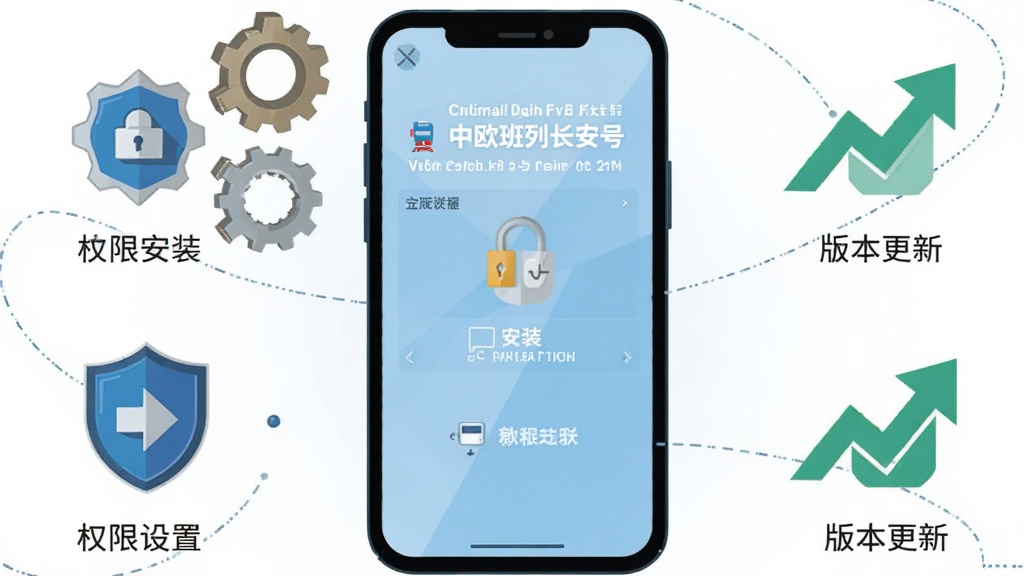 一幅展示中欧班列长安号应用使用技巧的数字插画,画面以手机屏幕为中心,屏幕周围环绕着齿轮、盾牌和更新箭头等图标,代表安装、权限设置和版本更新等操作。布局采用环绕式构图,风格为扁平化科技插画,细节包括清晰的图标和简洁的文字标注,画质高清干净,无多余元素。