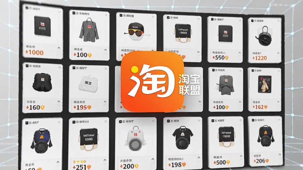 一个虚拟的电商商品展示墙,屏幕上排列着各类商品卡片,每张卡片标注着佣金比例数字,画面中央悬浮