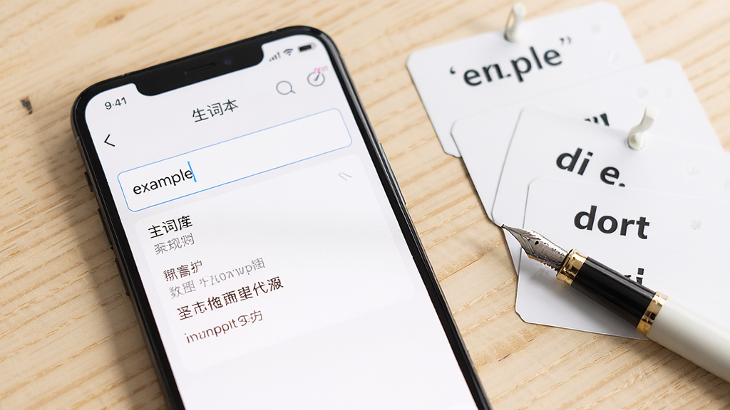 生词本快速收录生词功能展示图,画面中一部手机屏幕显示生词本APP的添加单词界面,输入框中已填入英文单词“example”,下方自动显示中文释义和例句,手机旁边散落着几张单词卡片和一支钢笔,背景为浅色木质桌面,整体风格简洁明快,画质高清,细节清晰,干净无多余元素
