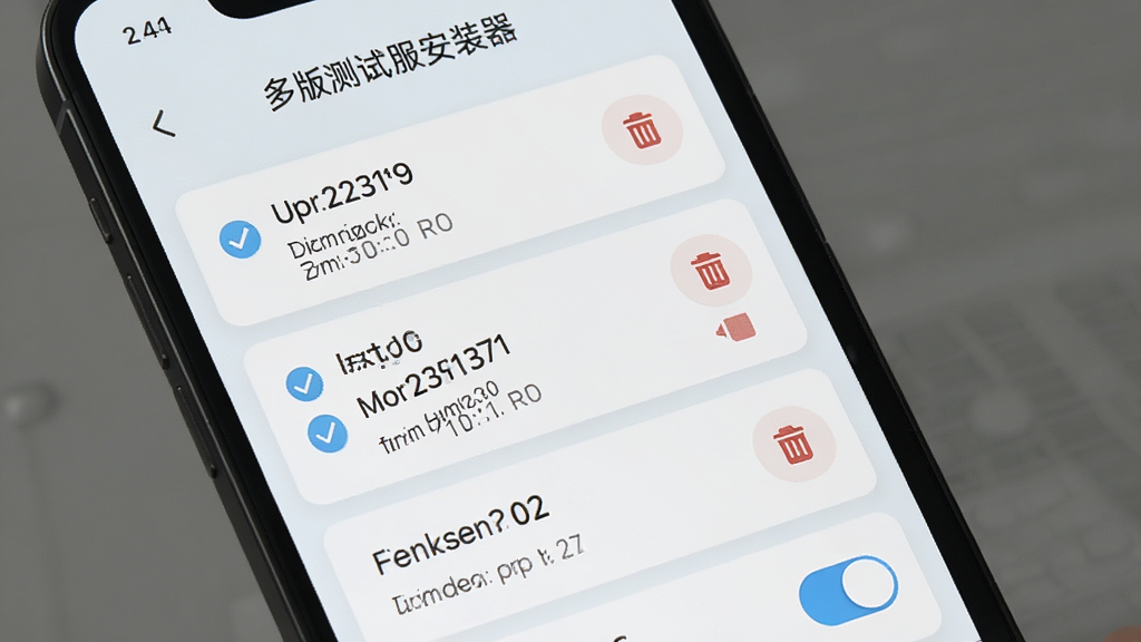 阿索拉星之祈愿国际测试服安装器多版本管理界面,主体为手机屏幕展示版本列表,布局为纵向排列的卡片式设计,排版每张卡片显示版本号与更新时间,风格为简约清新的浅色UI,细节包括勾选标记、删除按钮、切换开关,画质高清干净