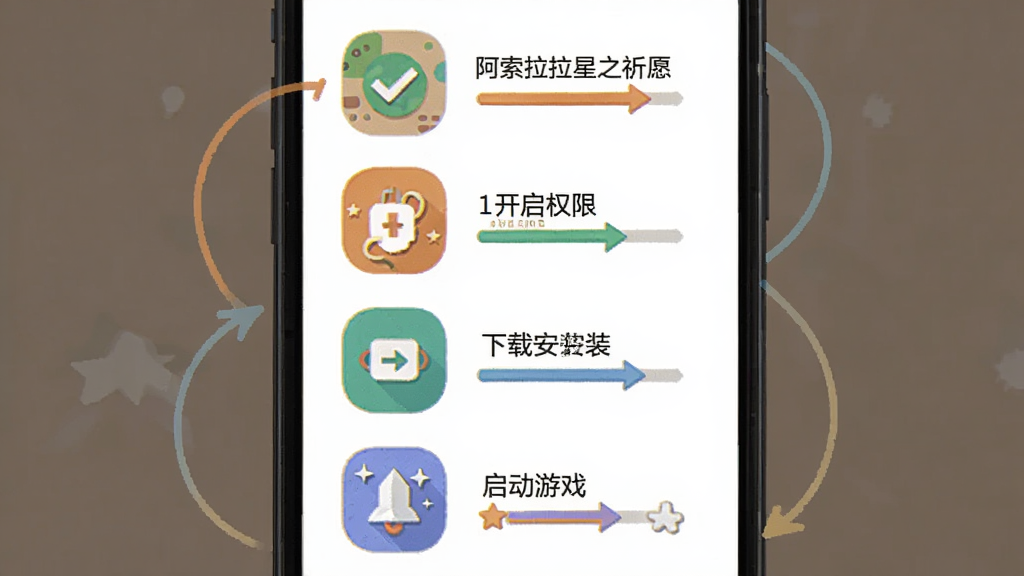 阿索拉星之祈愿国际测试服安装器新手操作流程图,主体为手机屏幕展示安装步骤,布局为从上到下四个步骤图标排列,排版依次为检查空间、开启权限、下载安装、启动游戏,风格为扁平化插画风,细节包括对勾图标、进度箭头、温馨配色,画质清晰干净