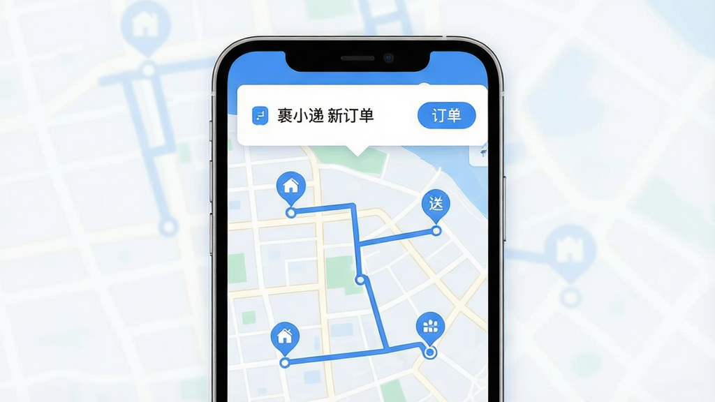 一张展示裹小递智能派单功能的界面示意图,画面以手机屏幕为主体,屏幕中显示一张城市地图,地图上标注着多个订单起点与终点图标,一条蓝色路线连接取件与送达位置,屏幕上方弹出新订单通知卡片,卡片上写着“裹小递 新订单”,右侧有抢单按钮,整体风格为扁平化科技感,蓝白色调,布局清晰,画质干净,无多余元素