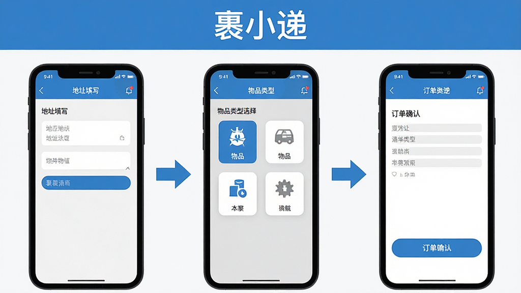 一张展示裹小递操作流程的步骤示意图,画面从左到右分为三个手机界面,第一个界面显示地址填写框,第二个界面显示物品类型选择图标,第三个界面显示订单确认按钮,三个界面之间用箭头连接,顶部有“裹小递”文字标识,整体风格为扁平化UI展示,蓝白灰配色,布局整齐,画质清晰,无多余装饰