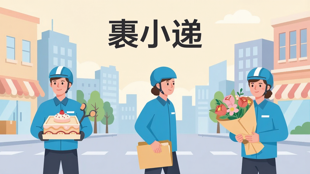 一张展示裹小递多品类配送场景的插画图,画面中同时呈现多个配送场景:一名骑手提着蛋糕盒、一名骑手拿着文件袋、一名骑手抱着鲜花束,背景是城市街道与建筑轮廓,画面中央上方有“裹小递”文字标识,整体采用扁平化插画风格,色彩明快柔和,布局均衡,画质清晰干净,适合作为功能介绍配图