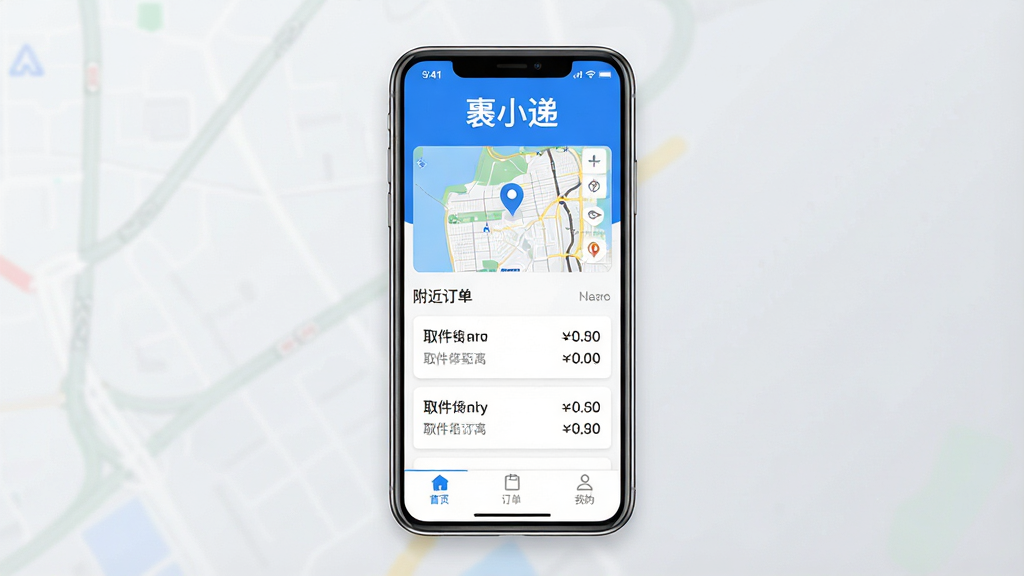 一张展示裹小递软件核心全貌的竖版手机界面预览图,画面中央是一部现代智能手机,屏幕上显示着裹小递APP首页,顶部有醒目的“裹小递”文字标识,下方是地图定位区域和附近订单列表,订单卡片上标注着取件距离与配送费用,底部导航栏包含首页、订单、我的等图标,整体布局简洁清晰,采用蓝白配色风格,背景为干净的浅灰色渐变,画质清晰锐利,无多余杂乱元素,适合作为下载站软件预览图使用