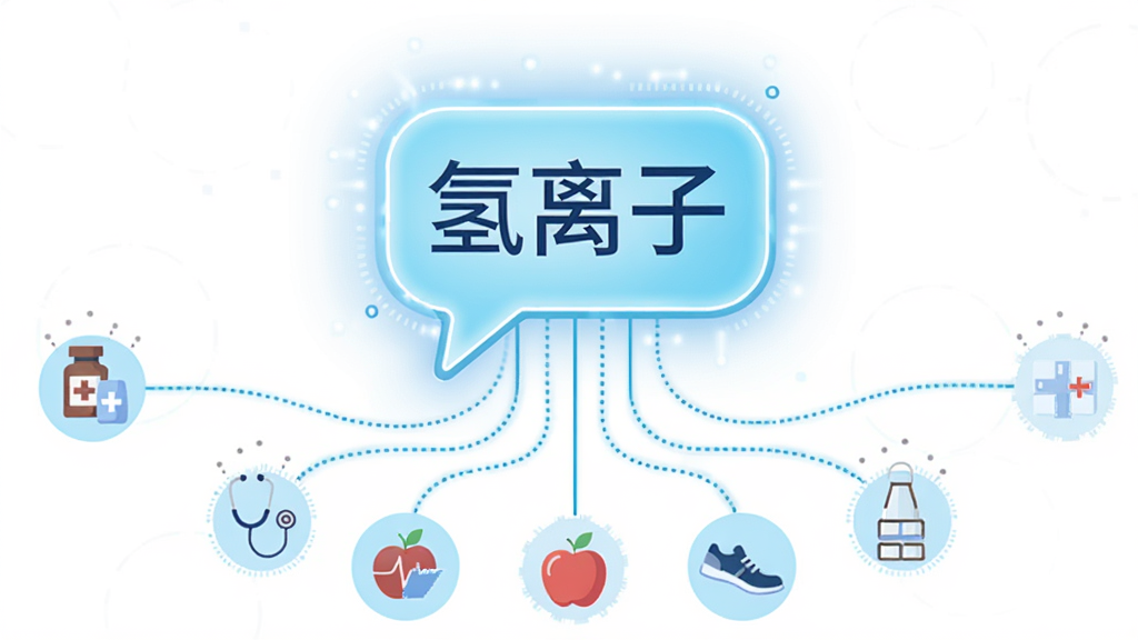 画面主体为一个发光的AI对话气泡,气泡内写着“氢离子”三个字,气泡下方延伸出多条细线连接着不同的小图标,分别代表药品、听诊器、苹果、跑步鞋等健康元素,布局为纵向排列居中,风格为扁平化科技插画风,细节上气泡有微光边缘、线条流畅、图标简约,画质为高清、干净、无多余元素