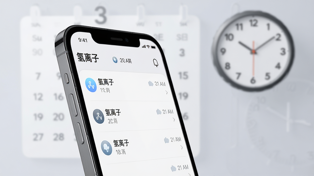 画面展示一个手机屏幕的侧面视角,屏幕上显示“氢离子”应用内的对话历史列表,每条记录旁有小图标标注时间,手机后方有半透明的日历和时钟元素作为背景装饰,布局为手机居中偏左、背景元素虚化,风格为简约现代风,细节上列表条目清晰、图标精致、背景柔和,画质为高清、干净、无多余元素