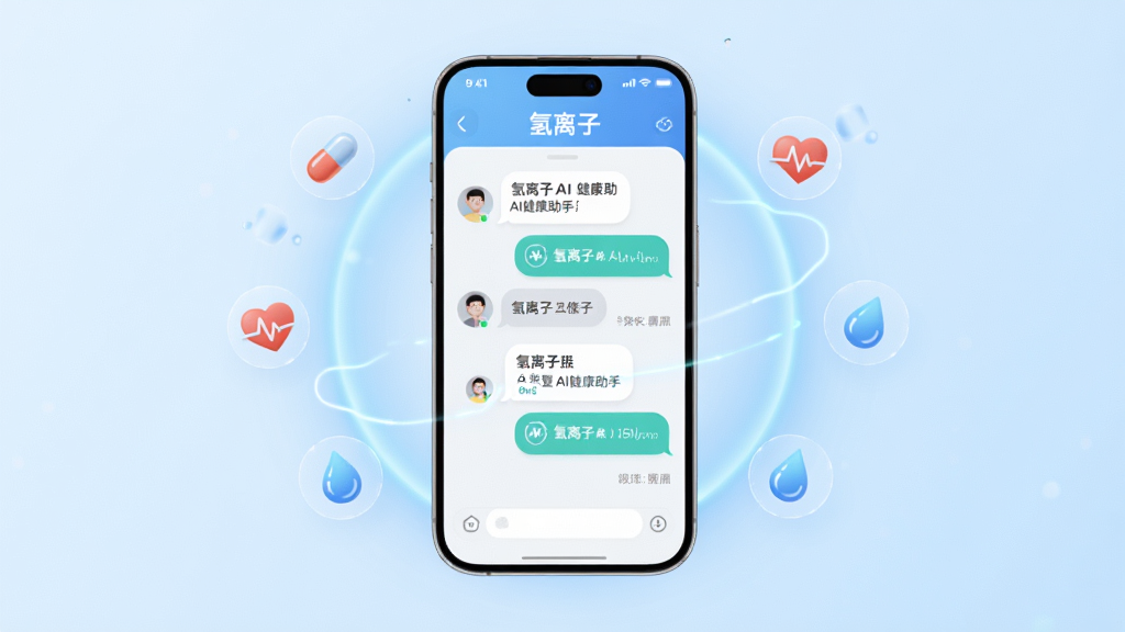 画面中央展示一部智能手机,手机屏幕上显示“氢离子”AI健康助手的对话界面,界面中有用户提问和AI回答的气泡对话框,手机周围环绕着淡淡的蓝色光晕和若干健康相关的图标元素如药丸、心率线、水滴等,整体布局为居中构图,风格为清爽科技风,细节上手机边框圆润、屏幕内容清晰可辨、背景为浅蓝渐变,画质为高清2K、干净无多余元素