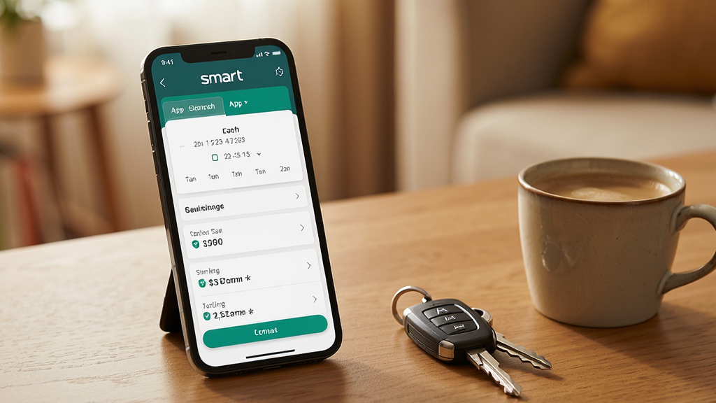 一张展示smart汽车App维保预约页面的场景图,画面中一部手机立于桌面,屏幕显示预约保养的日期选择和时间段列表,手机旁边放着一把车钥匙和一杯咖啡,背景为温暖的居家桌面环境,布局手机偏左,风格生活化,细节清晰,画质干净,无多余元素