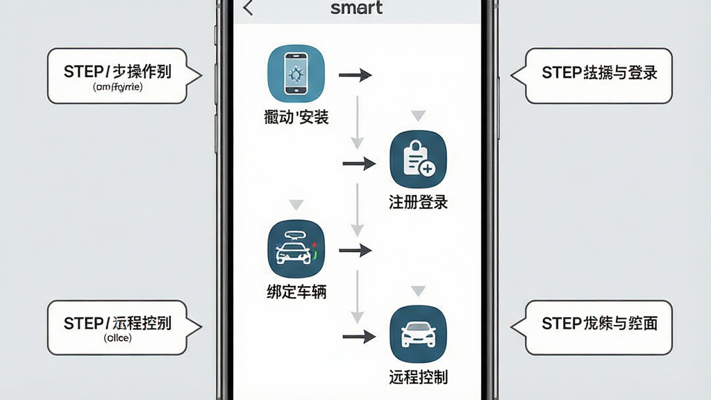 一张展示smart汽车App新手操作指引的示意图,画面为一部手机屏幕显示分步操作流程图,包含下载安装、注册登录、绑定车辆、远程控制四个步骤图标,每个步骤用箭头连接,手机周围环绕简洁的提示气泡,背景为浅灰色,布局纵向排列,风格清晰易读,细节明确,画质干净,无多余元素