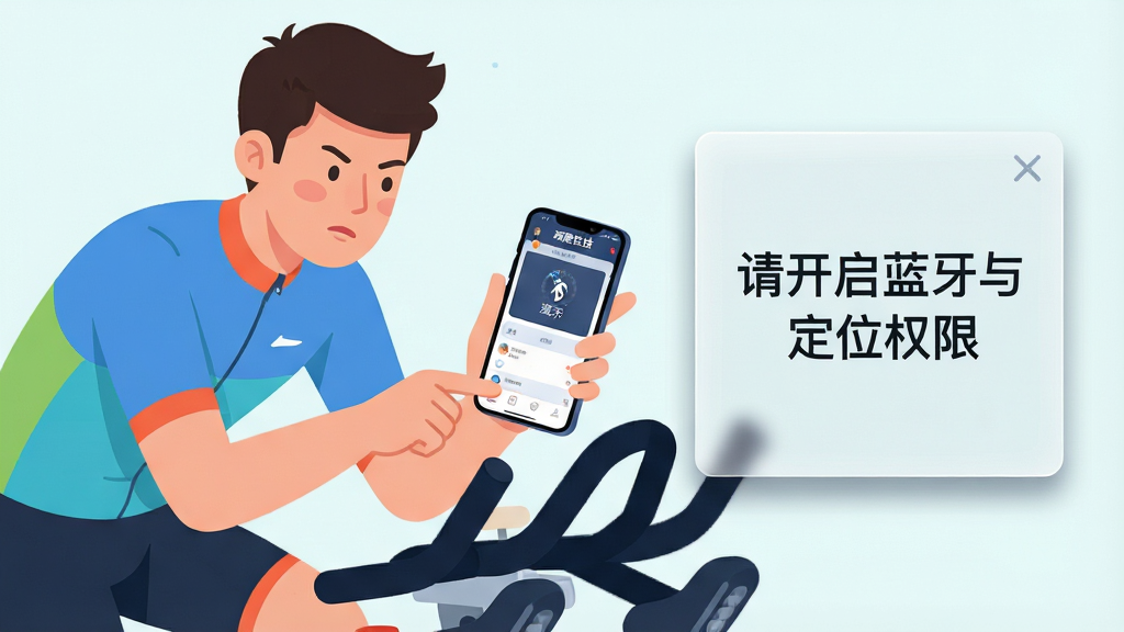 画面主体为一位骑行新手坐在动感单车上,手持手机正在查看“顽鹿竞技”APP界面,手机屏幕显示蓝牙搜索状态。画面右侧有一块半透明的提示面板,上面写着“请开启蓝牙与定位权限”。布局采用三分法构图,人物在左侧,手机与提示面板在右侧。风格为扁平化插画,细节包括人物表情的专注、手机UI的清晰展示、提示面板的柔和阴影。画质干净,色彩明快,无多余元素。