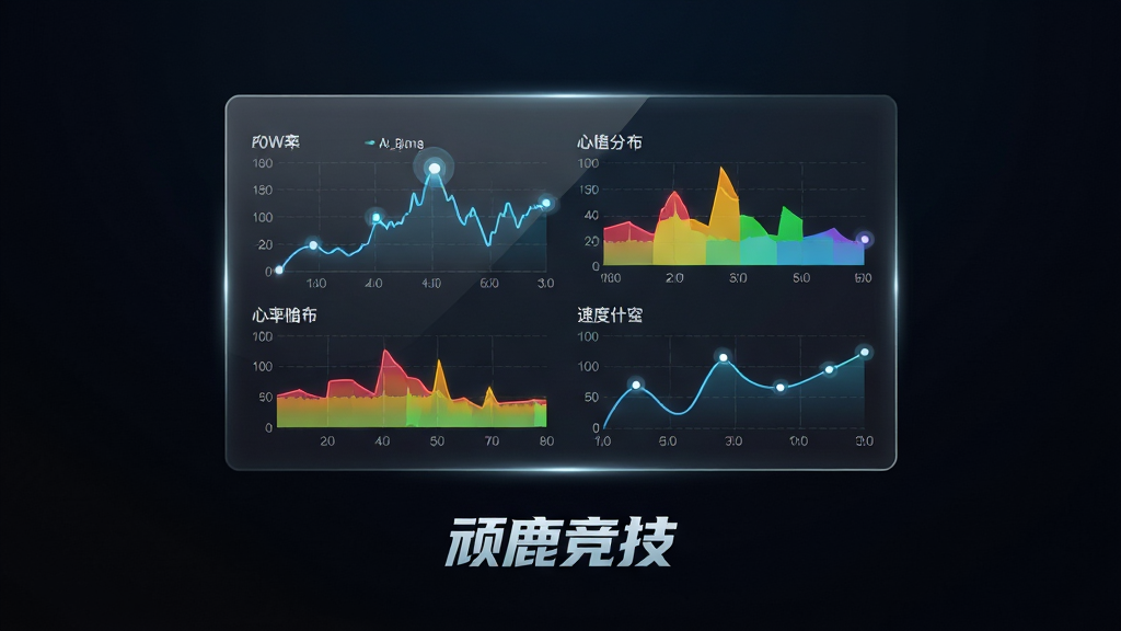画面主体为一块悬浮的全息数据面板,面板上显示着骑行数据图表,包括功率曲线、心率区间分布、速度变化折线。面板下方是“顽鹿竞技”的Logo。布局采用居中的对称构图,背景为深色渐变。风格为科技感数据可视化界面,细节包括图表的发光线条、数据点的光晕、面板的透明玻璃质感。画质高清,画面干净,无多余元素,突出数据的专业性与易读性。