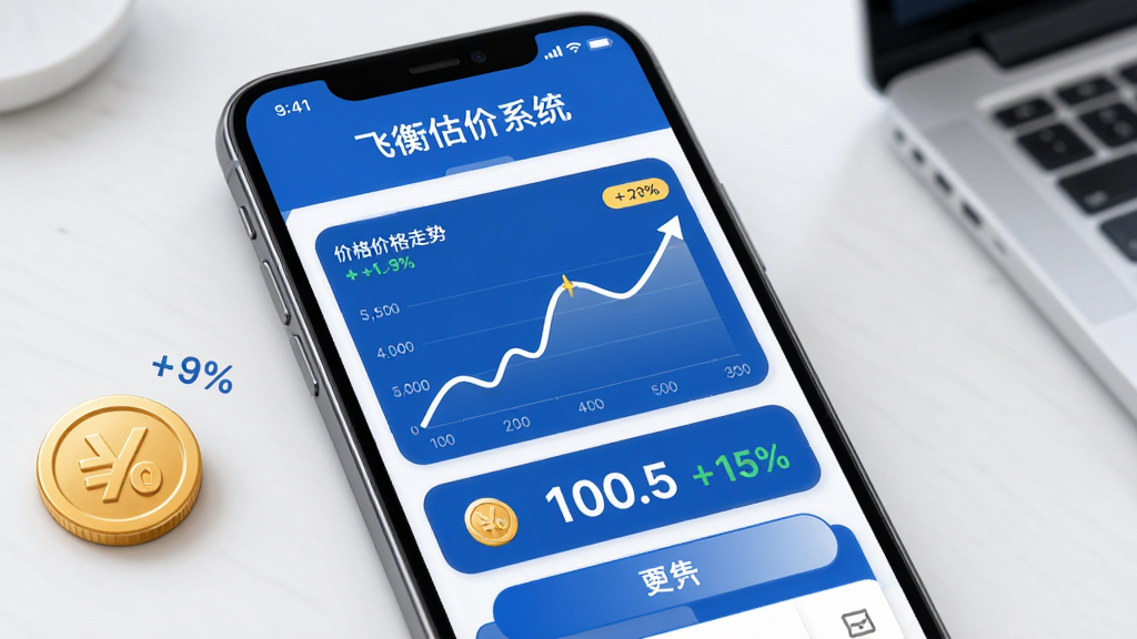 飞衡代售 智能估价系统界面 主体为手机屏幕显示价格走势曲线与建议售价数字 布局为上方标题 中部折线图 下方数字与按钮 排版简洁 风格为商务蓝白配色 细节包含金币图标与百分比符号 画质清晰 无多余元素