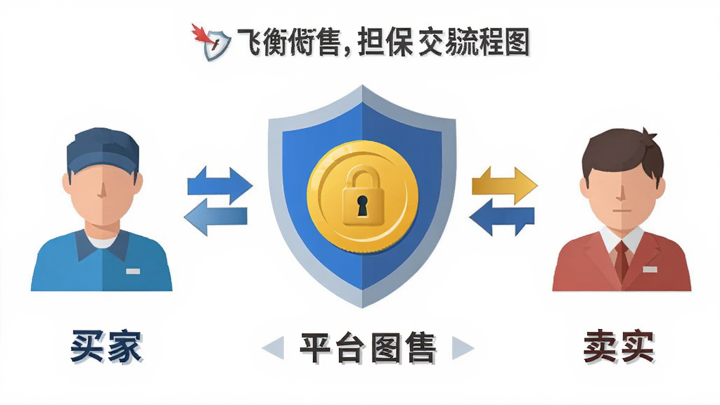 飞衡代售 担保交易流程图 主体为盾牌与金币组合图标 布局为左右对称 左侧买家 右侧卖家 中间为平台担保标识 排版清晰 风格为扁平化安全主题 细节包含锁形图案与双向箭头 画质干净 无多余元素
