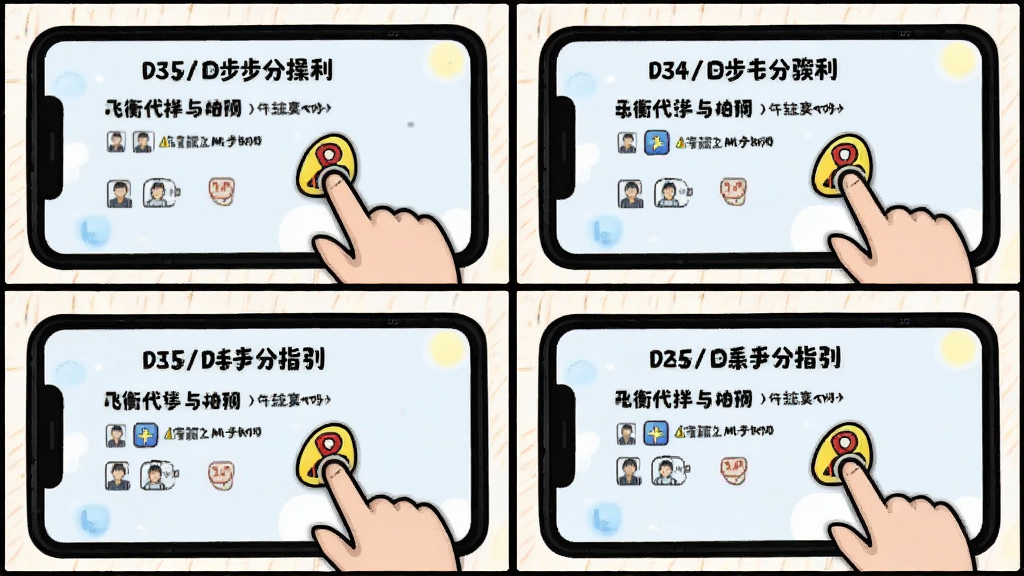飞衡代售 新手操作指引 主体为手机屏幕显示分步教程画面 布局为四格漫画形式 排版从上到下 风格为卡通简约 细节包含手指点击图标与警示标志 画质清晰 干净 无多余元素