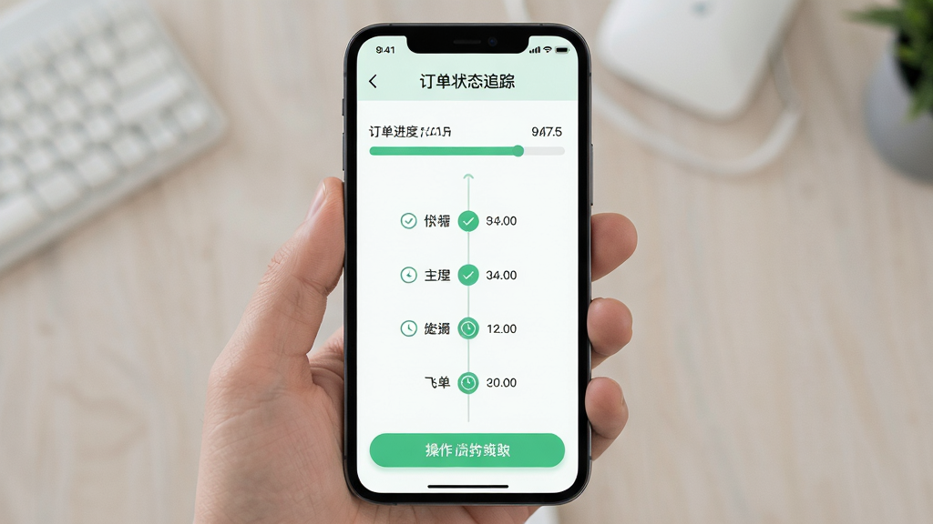 飞衡代售 订单状态追踪页面 主体为手机屏幕显示订单进度条与时间轴 布局为纵向排列 顶部为订单编号 中部为步骤节点 底部为操作按钮 排版规整 风格为清新浅色系 细节包含对勾图标与时钟图标 画质干净 无多余元素